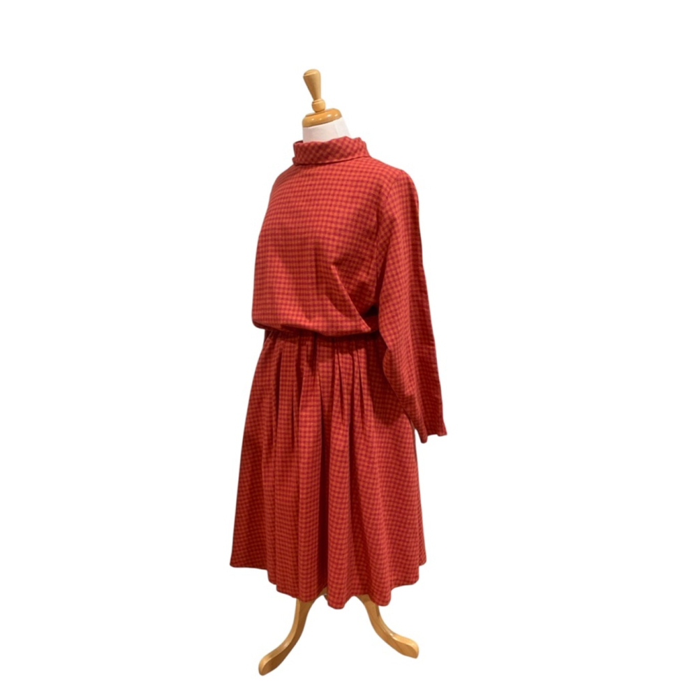 Vntg 60’s Women's homemade Long Sleeve wool Dress pink & Orange Gingham Volup - Picture 9 of 10